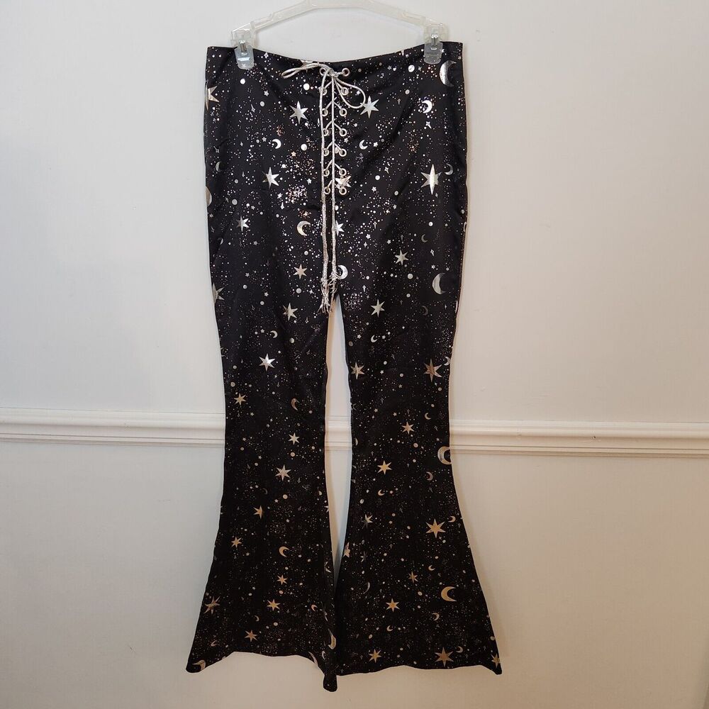 Current Mood Flare Pants Sz Medium Womens Black Silver Laceup Celestrial Zenith